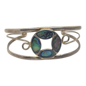 Vintage Cuff Bracelet Sterling Silver Abalone Shell Inlay Open Bangle Mexico